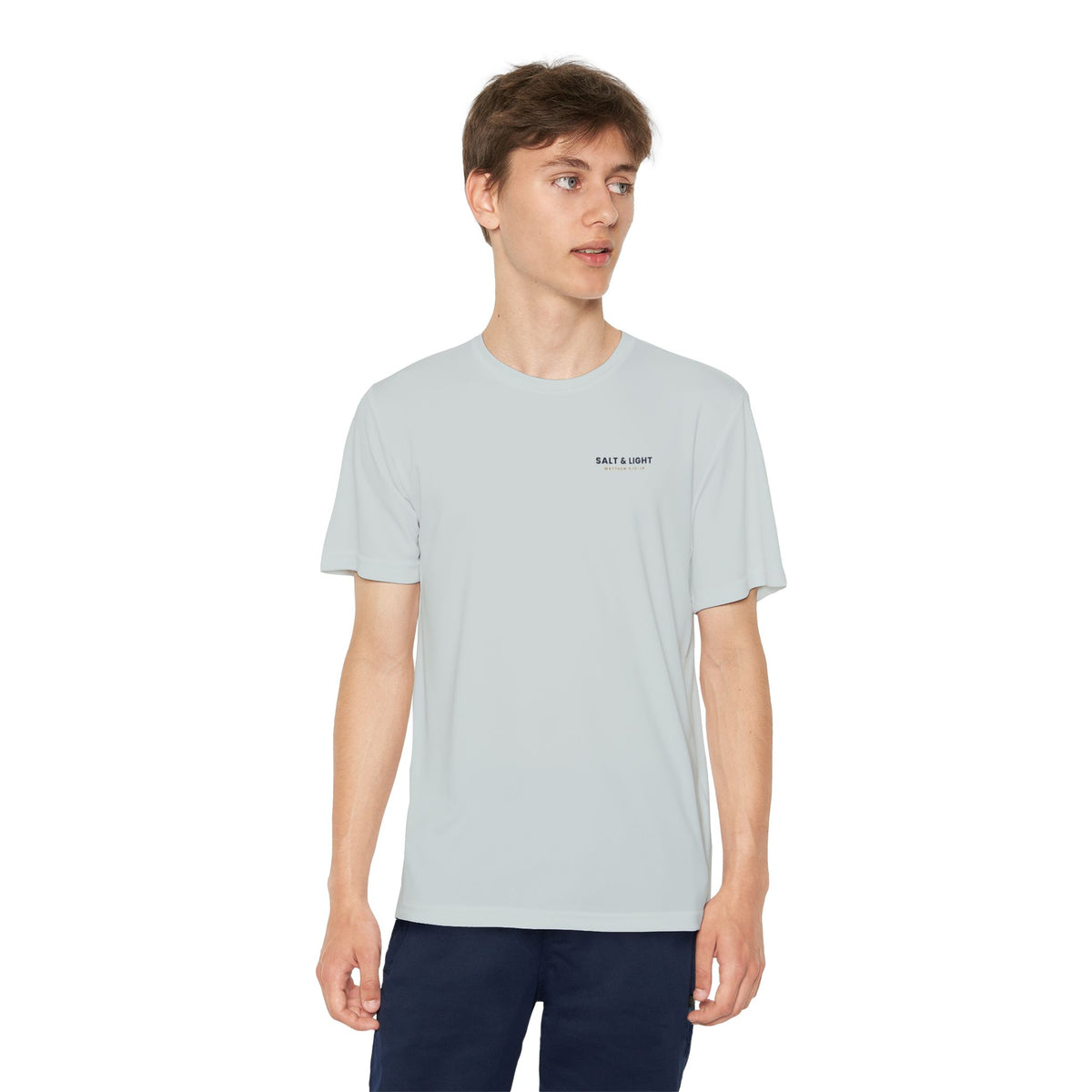 Salt & Light Youth Tee, kids' t-shirt, Silver, front view, worn by a child, SALT & LIGHT., Matthew 5:13–14 (KJV)