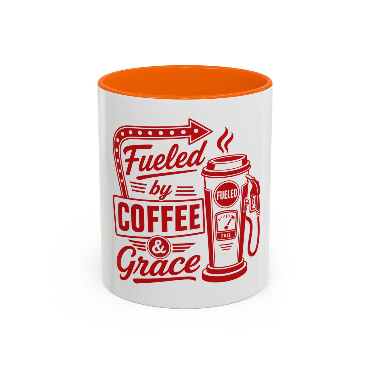 Fueled by Coffee & Grace Mug, mug, Orange inside and handle, front view, FUELED BY COFFEE & GRACE., 2 Corinthians 12:9 (KJV)