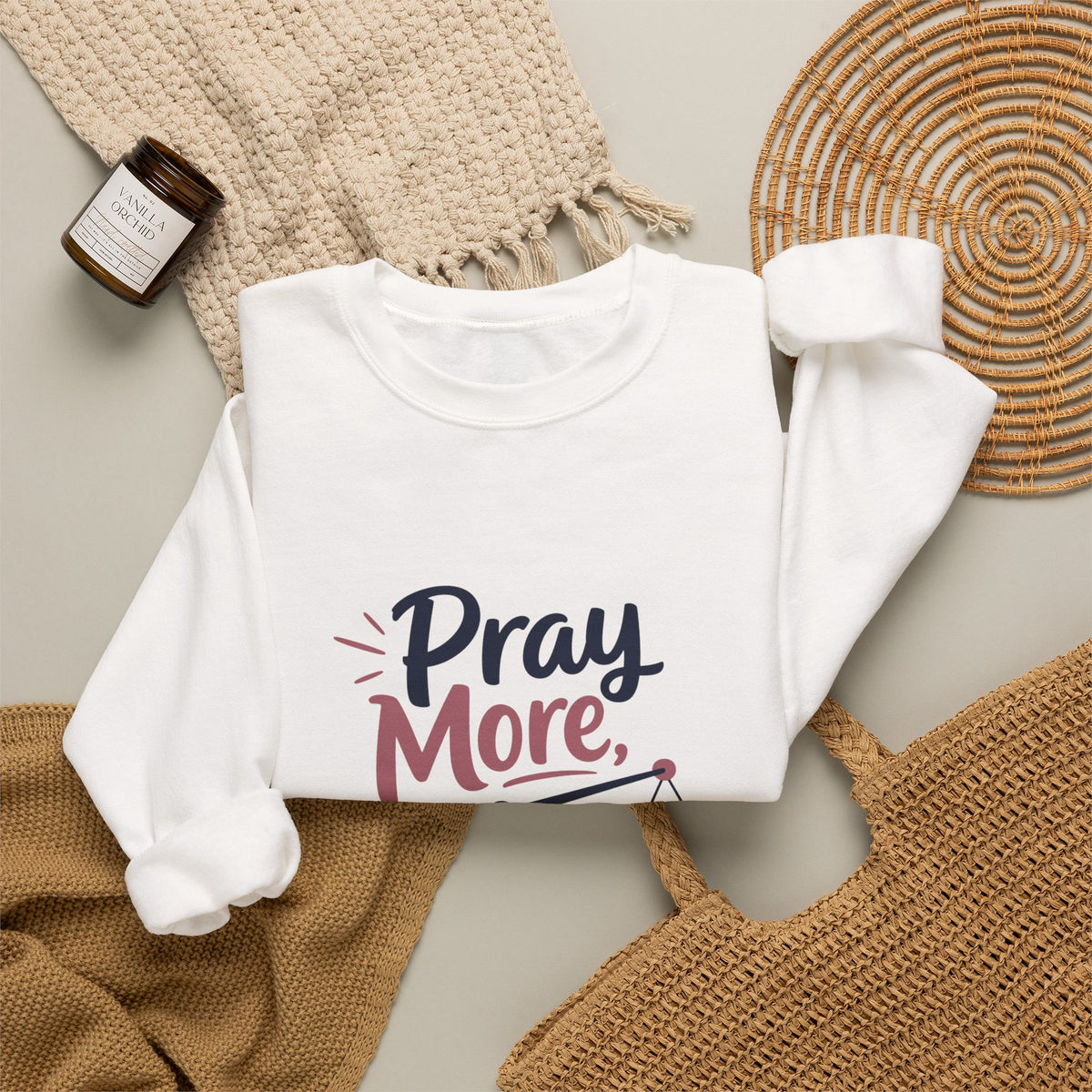 Pray More Worry Less Crewneck, sweatshirt, White, lifestyle photo, PRAY MORE. WORRY LESS., Philippians 4:6–7 (KJV)