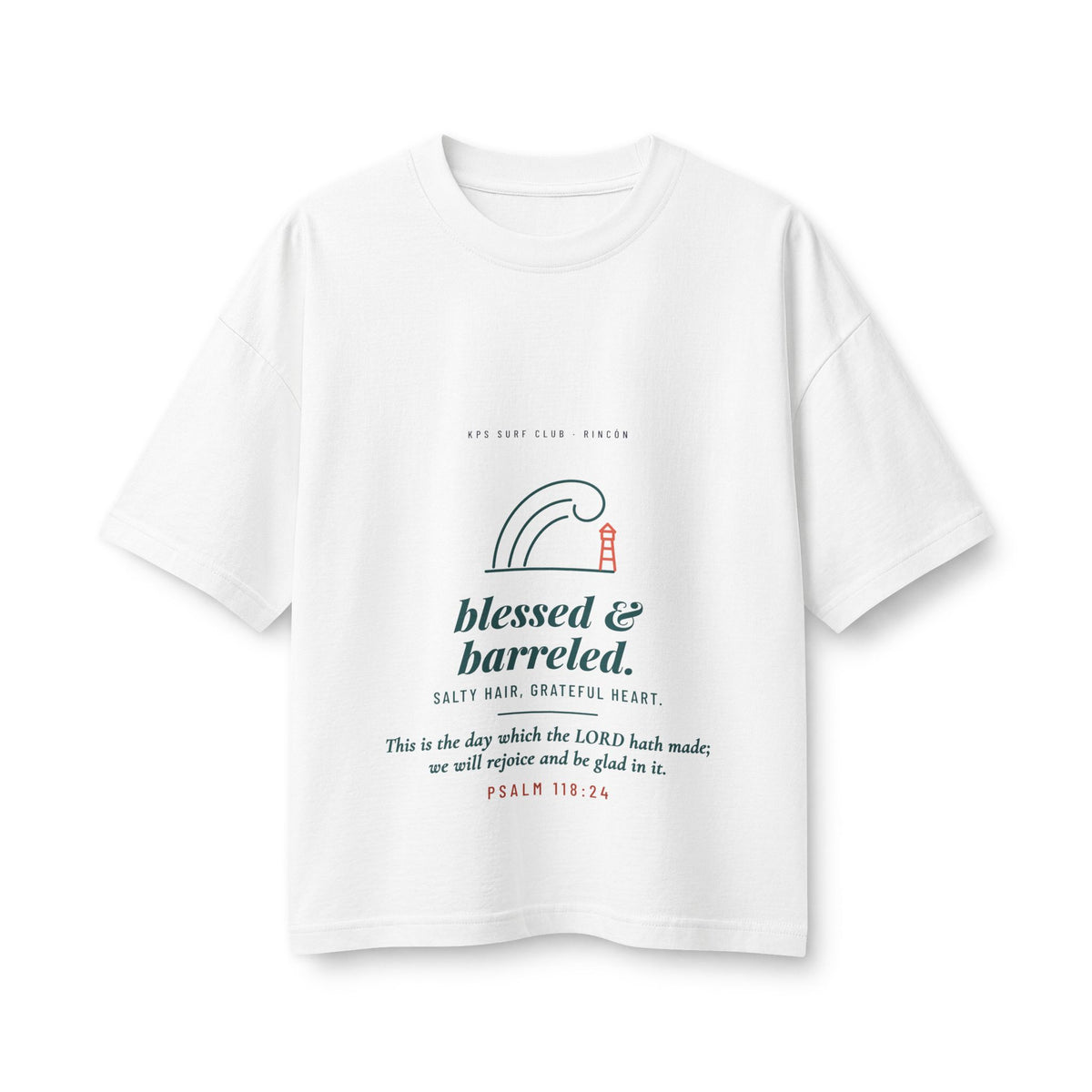 Blessed & Barreled Women's Boxy Tee, White, front view, BLESSED & BARRELED. SALTY HAIR, GRATEFUL HEART. Psalm 118:24 (KJV)