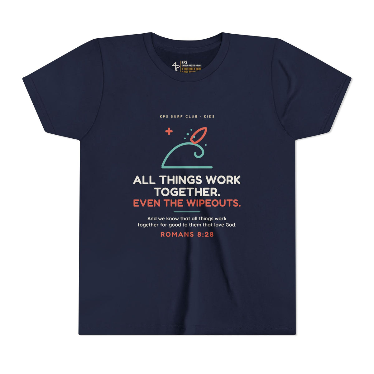 All Things Work Together (Even the Wipeouts) Youth Tee, Navy, front view, ALL THINGS WORK TOGETHER. EVEN THE WIPEOUTS., Romans 8:28 (KJV)