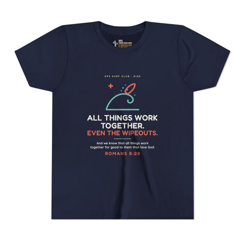 All Things Work Together (Even the Wipeouts) Youth Tee, Navy, front view, ALL THINGS WORK TOGETHER. EVEN THE WIPEOUTS., Romans 8:28 (KJV)