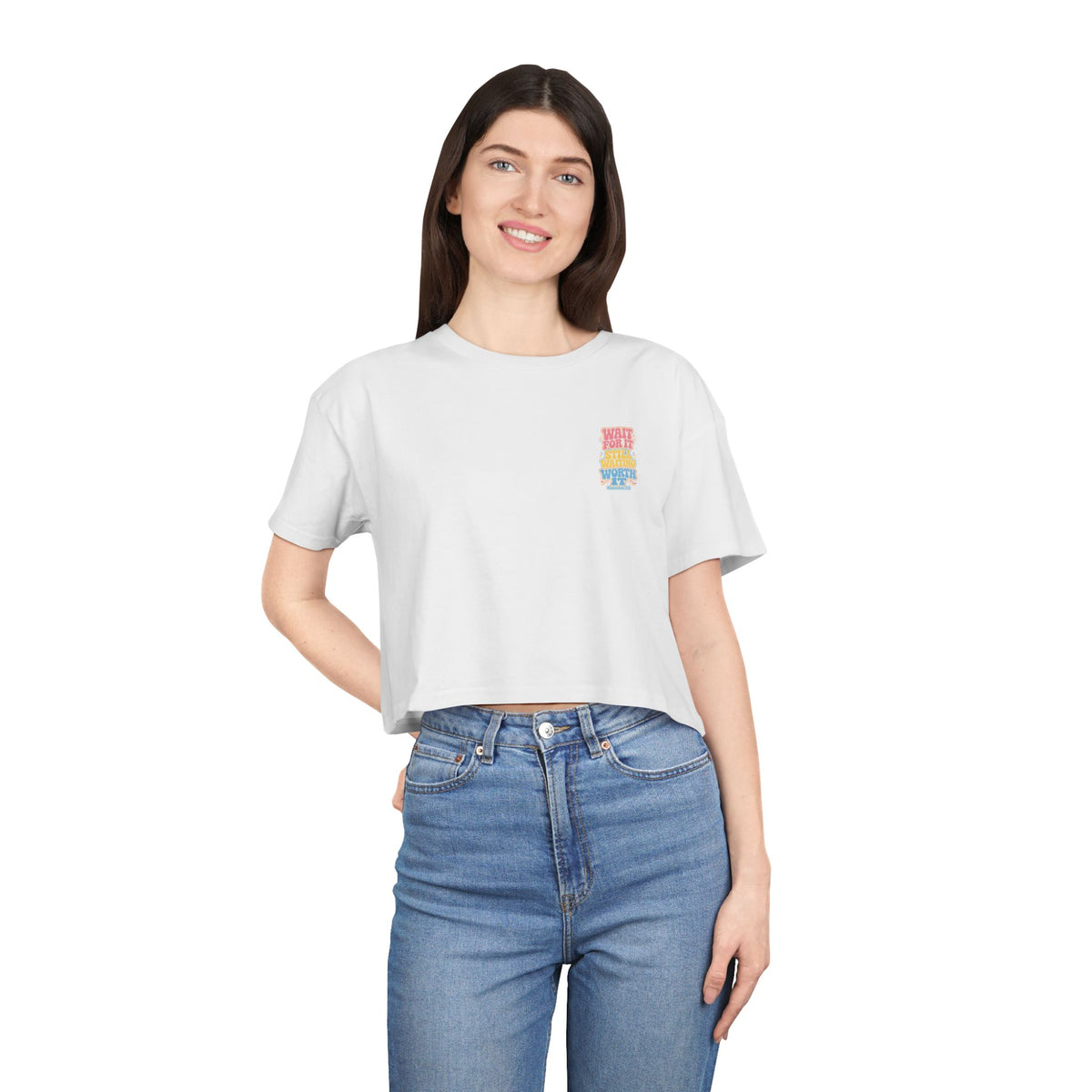 Wait For It Crop Tee, crop t-shirt, White, front view, worn by a woman, WAIT FOR IT… STILL WAITING… WORTH IT., Habakkuk 2:3 (KJV)