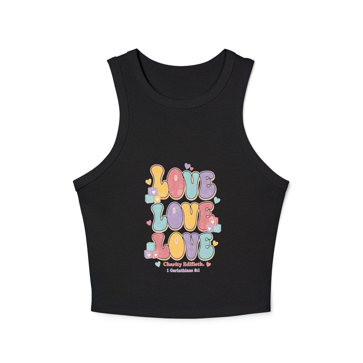 Love Love Love Tank, tank top, Solid Black Blend, front view, LOVE, LOVE, LOVE., 1 Corinthians 8:1 (KJV)