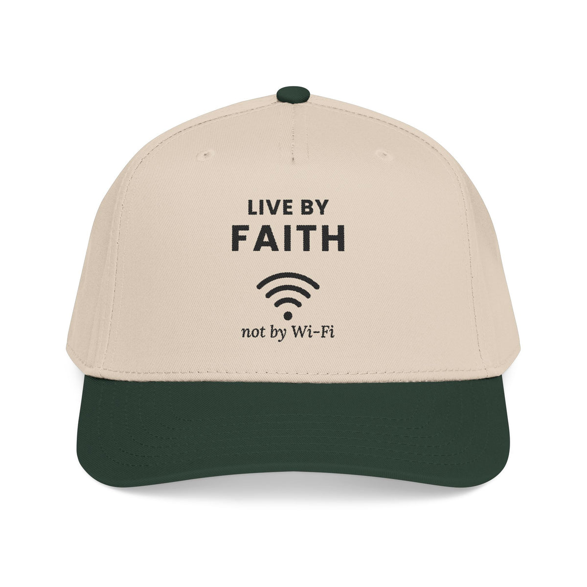 Not by Wi-Fi Cap in Natural with Dark Green brim, front view: LIVE BY FAITH, Wi-Fi icon, not by Wi-Fi front print, Habakkuk 2:4 (KJV)