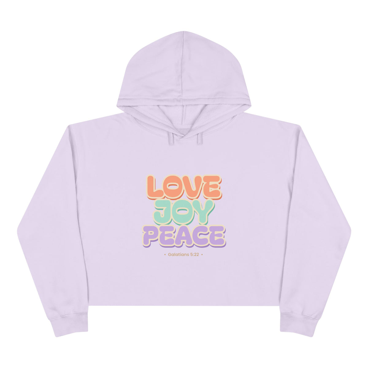 Love Joy Peace Crop Hoodie, crop hoodie, Lilac, front view, LOVE. JOY. PEACE., Galatians 5:22 (KJV)