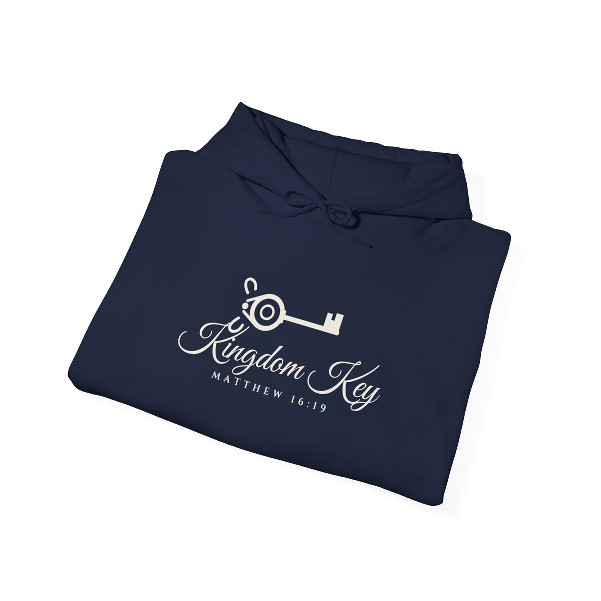 Kingdom Key Hoodie in Navy, folded: Kingdom Key script and key chest print, Matthew 16:19 (KJV)