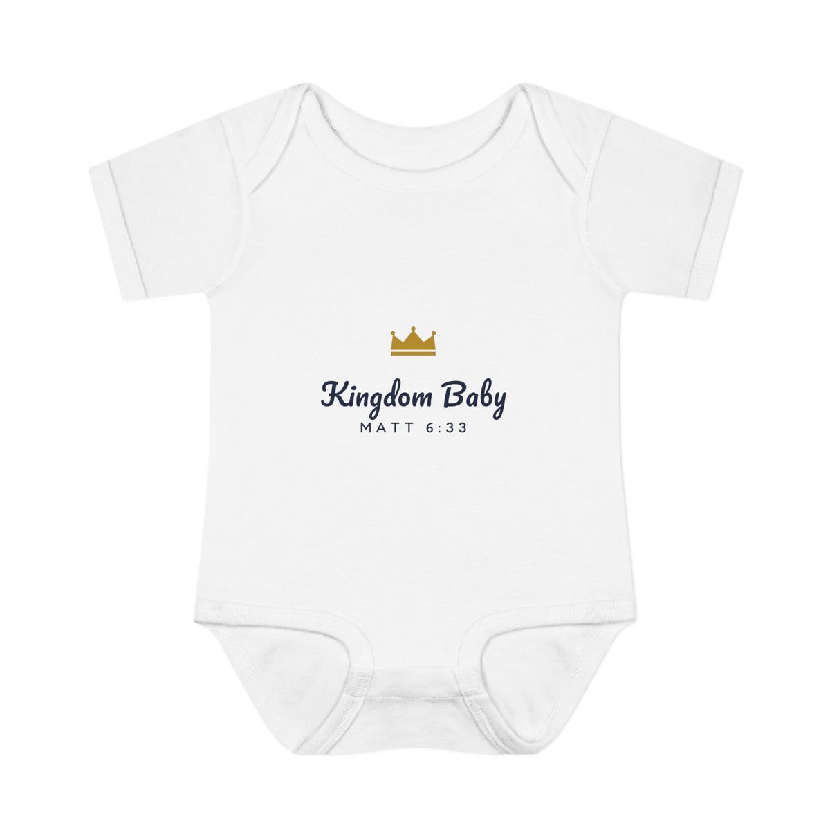 Kingdom Baby Bodysuit, baby bodysuit, White, front view, KINGDOM BABY with gold crown, Matthew 6:33 (KJV)