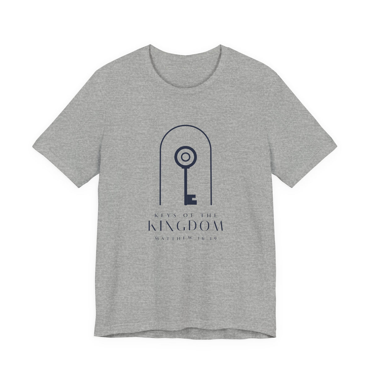 Keys of the Kingdom Tee, t-shirt, Athletic Heather, front view: key in an arch, KEYS OF THE KINGDOM and MATTHEW 16:19, all in navy, Matthew 16:19 (KJV)