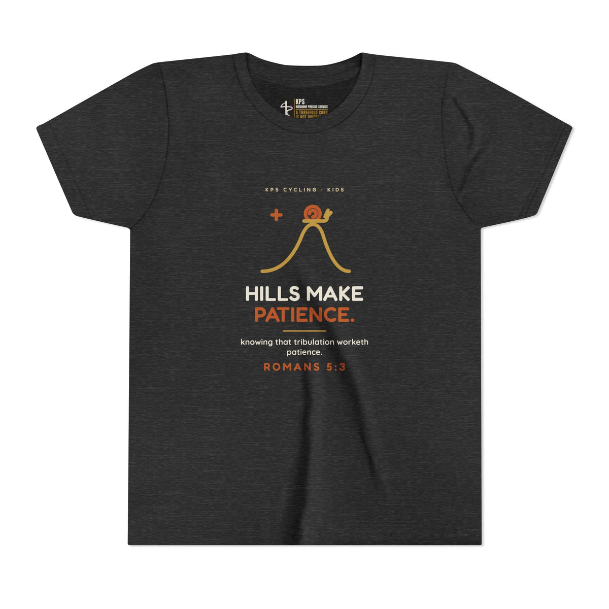 Hills Make Patience Youth Tee, Dark Grey Heather, front view, HILLS MAKE PATIENCE., Romans 5:3 (KJV)