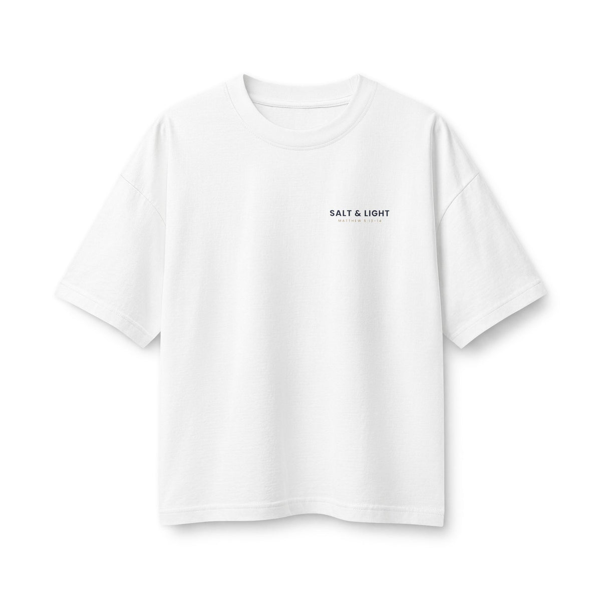 Salt & Light Women's Boxy Tee, White, front view, small chest print, SALT & LIGHT., Matthew 5:13–14 (KJV)