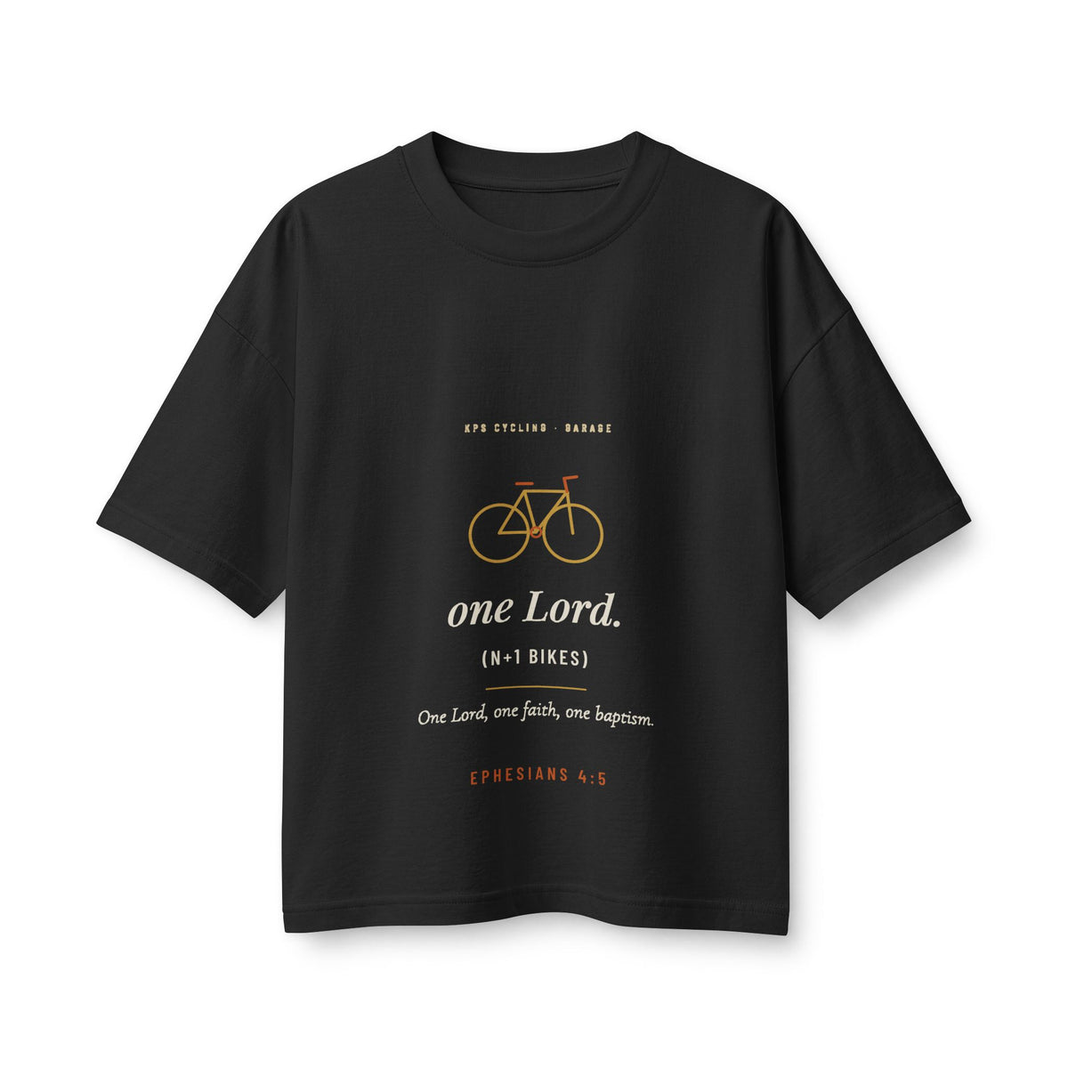 One Lord N+1 Bikes Women's Boxy Tee, Vintage Black, front view, ONE LORD. (N+1 BIKES.) Ephesians 4:5 (KJV)