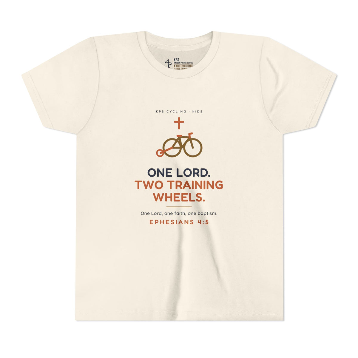 One Lord, Two Training Wheels Youth Tee, Natural, front view, ONE LORD. TWO TRAINING WHEELS., Ephesians 4:5 (KJV)