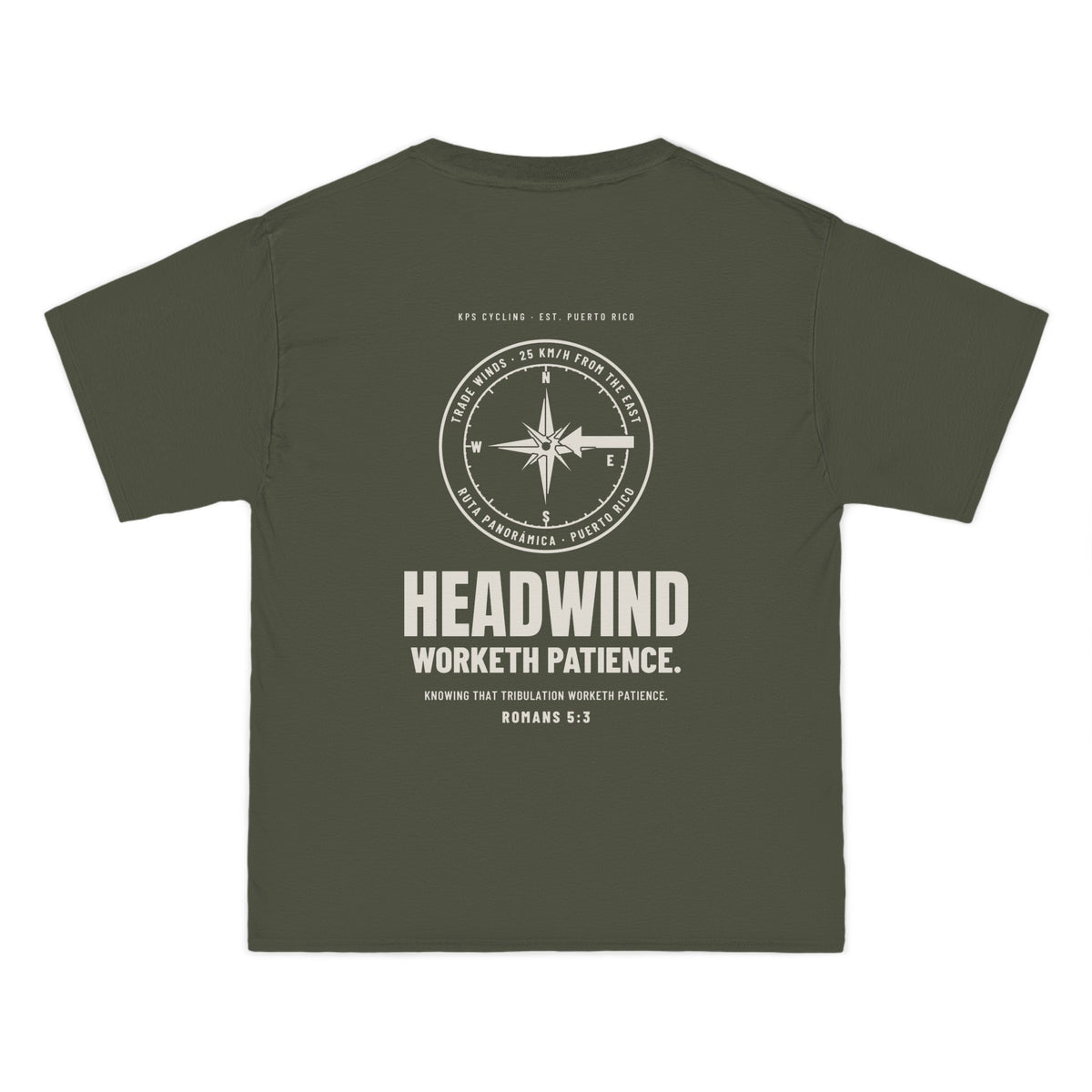 Headwind Worketh Patience Cycling Tee, Fatigue Green, back view, HEADWIND WORKETH PATIENCE. Romans 5:3 (KJV)