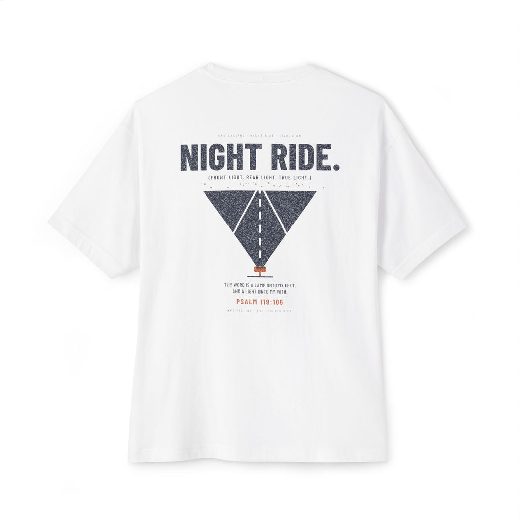 Night Ride Cycling Tee, White, back view, NIGHT RIDE. (FRONT LIGHT. REAR LIGHT. TRUE LIGHT.) Psalm 119:105 (KJV)