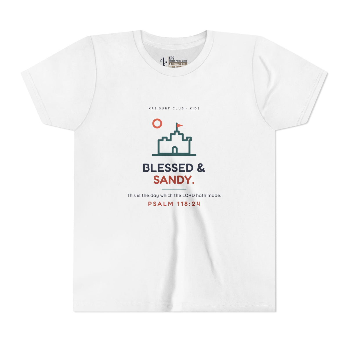 Blessed & Sandy Youth Tee, White, front view, BLESSED & SANDY., Psalm 118:24 (KJV)