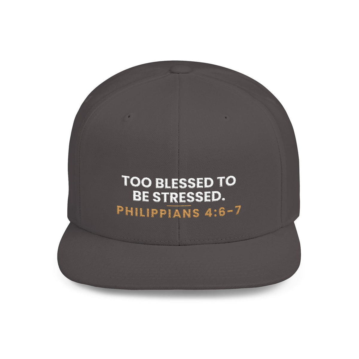 Too Blessed Snapback, Dark Grey, front view, TOO BLESSED TO BE STRESSED., Philippians 4:6-7 (KJV)