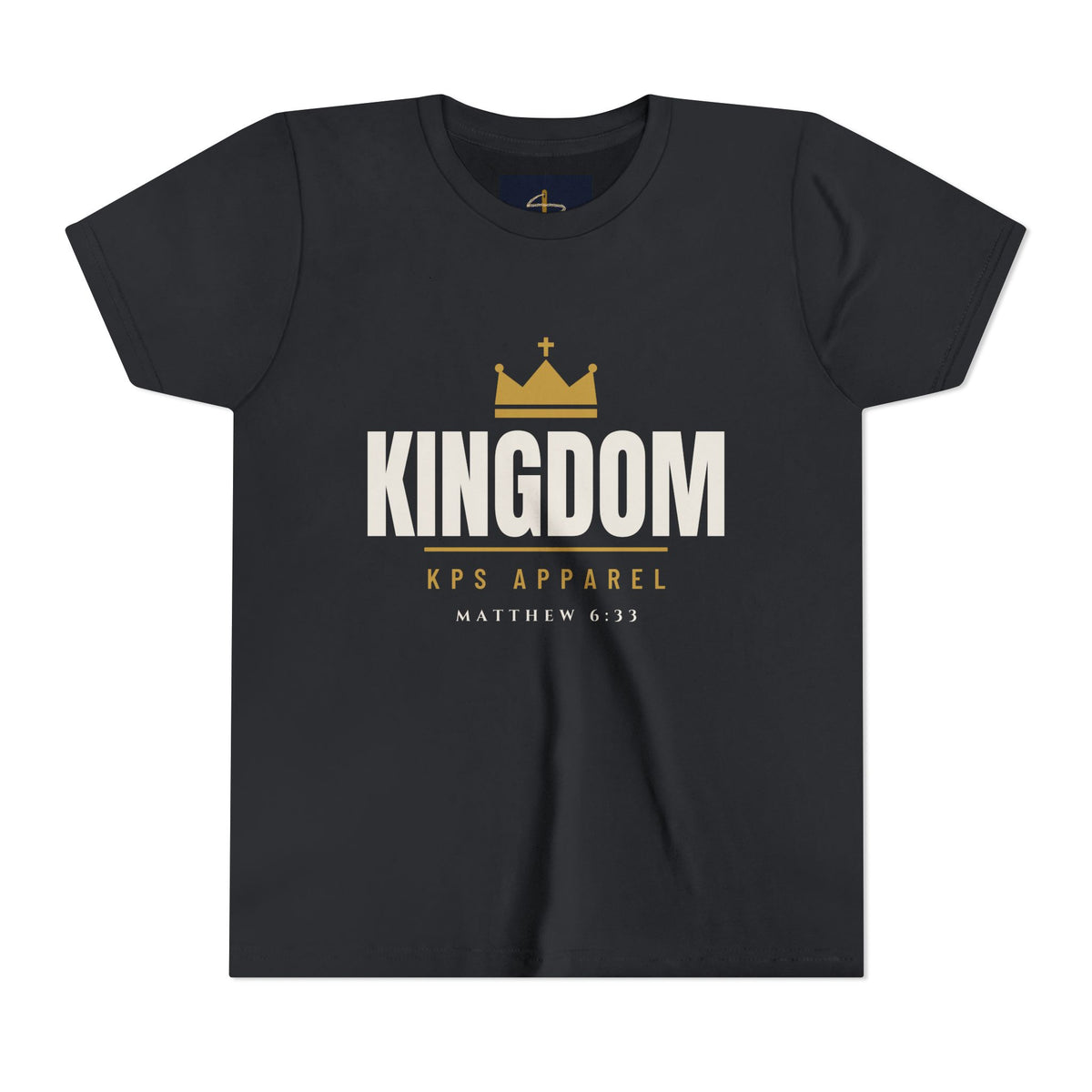 Kids Kingdom Tee in Vintage Black, front print: crown and KINGDOM wordmark, Matthew 6:33 (KJV)
