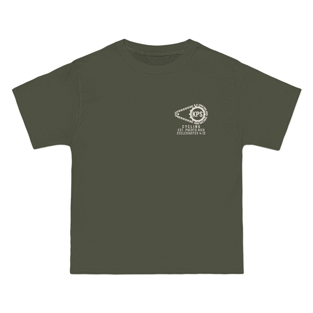 KPS Cycling Club Tee, Fatigue Green, front view, KPS CYCLING CLUB. Ecclesiastes 4:12 (KJV)