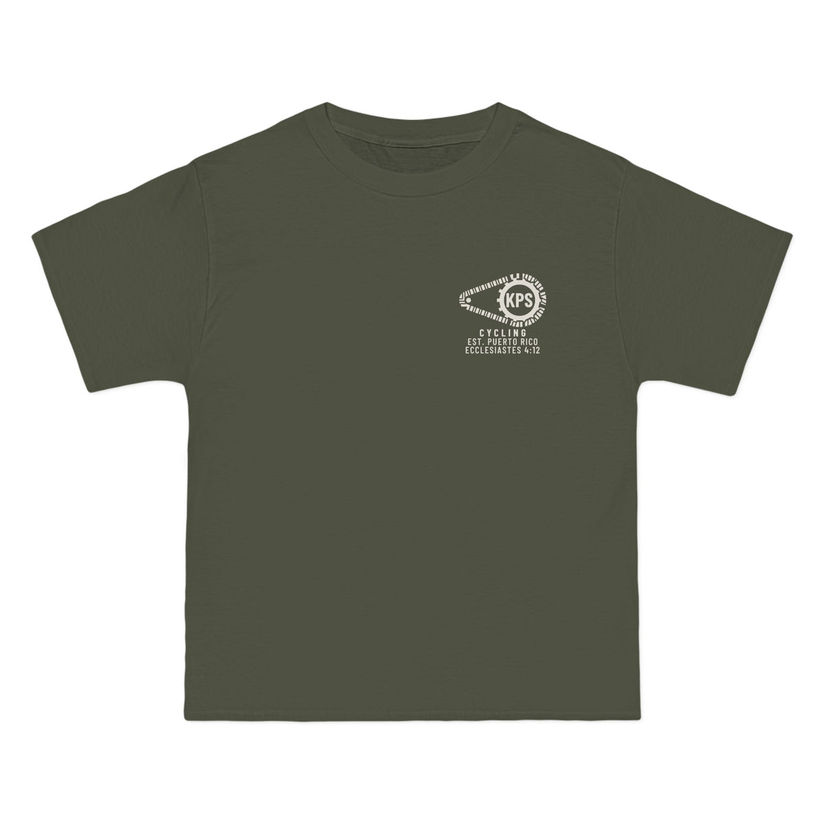 KPS Cycling Club Tee, Fatigue Green, front view, KPS CYCLING CLUB. Ecclesiastes 4:12 (KJV)