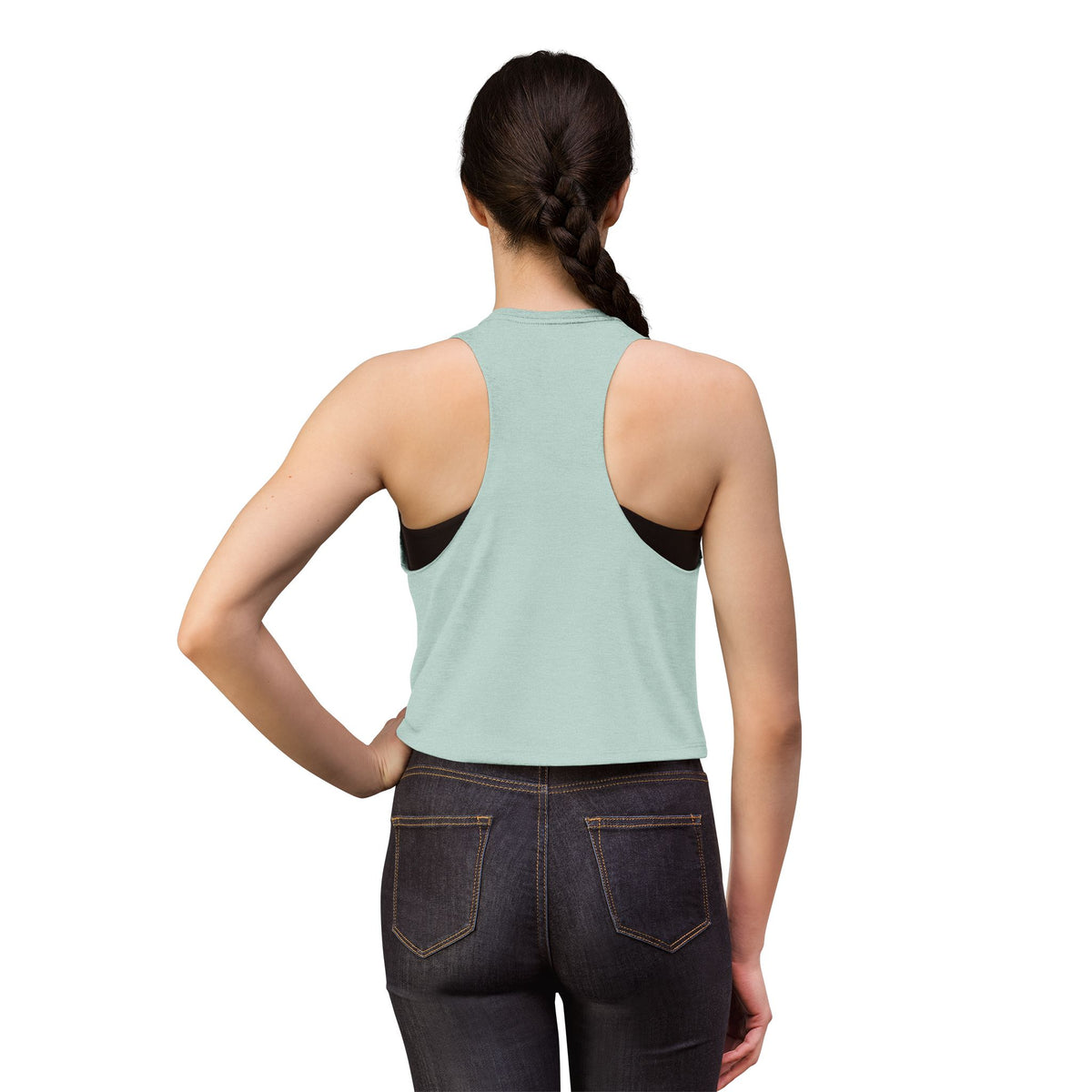 Walking With God Crop Tank, crop tank, Heather Dusty Blue, back view, worn by a woman, WALKING WITH GOD., Genesis 5:24 (KJV)