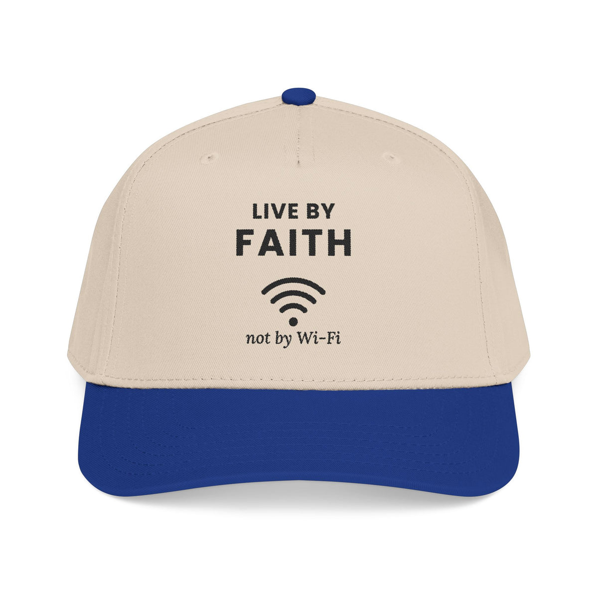 Not by Wi-Fi Cap in Natural with Royal brim, front view: LIVE BY FAITH, Wi-Fi icon, not by Wi-Fi front print, Habakkuk 2:4 (KJV)