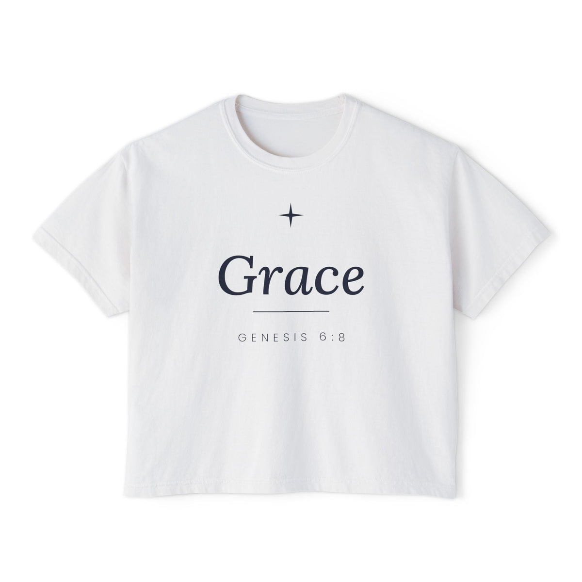 Grace Women's Boxy Tee, t-shirt, White, front view, GRACE., Genesis 6:8 (KJV)