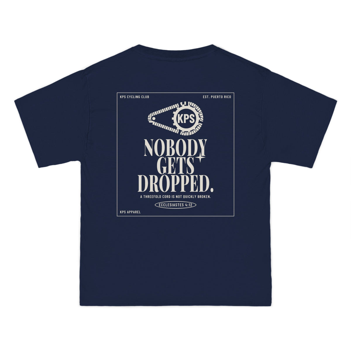 KPS Cycling Club Tee, Navy, back view, KPS CYCLING CLUB. Ecclesiastes 4:12 (KJV)