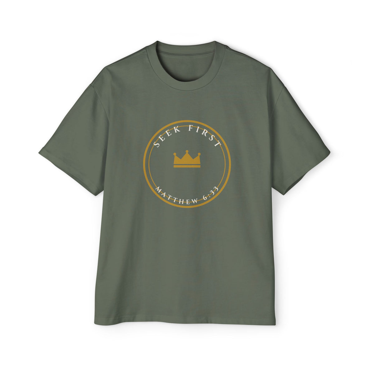 Seek First Crest Oversized Tee, t-shirt, Cypress, front view, SEEK FIRST., Matthew 6:33 (KJV)