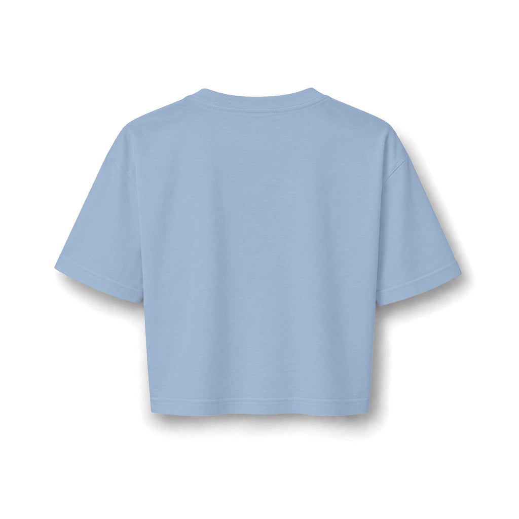 In Him Crop Tee, Faded Powder Blue, back view, IN HIM. MY STRENGTH IS IN HIM. DEFINITELY NOT IN MY KNEES. Habakkuk 3:19 (KJV)