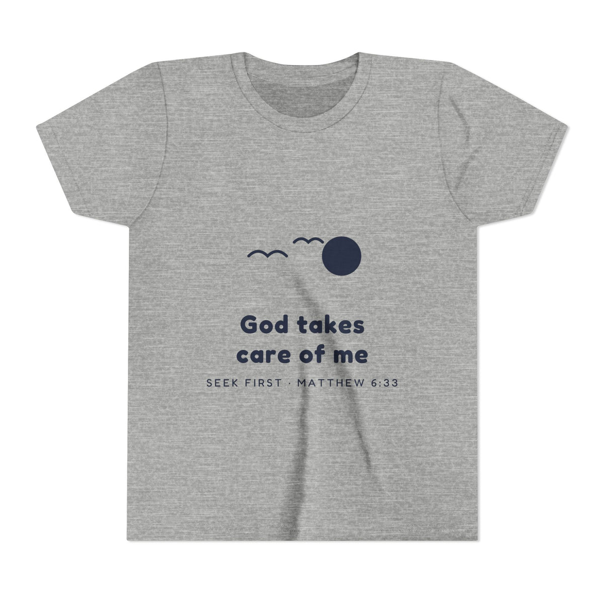 God Takes Care of Me Youth Tee, youth tee, Athletic Heather, front view, GOD TAKES CARE OF ME, SEEK FIRST, Matthew 6:33 (KJV)