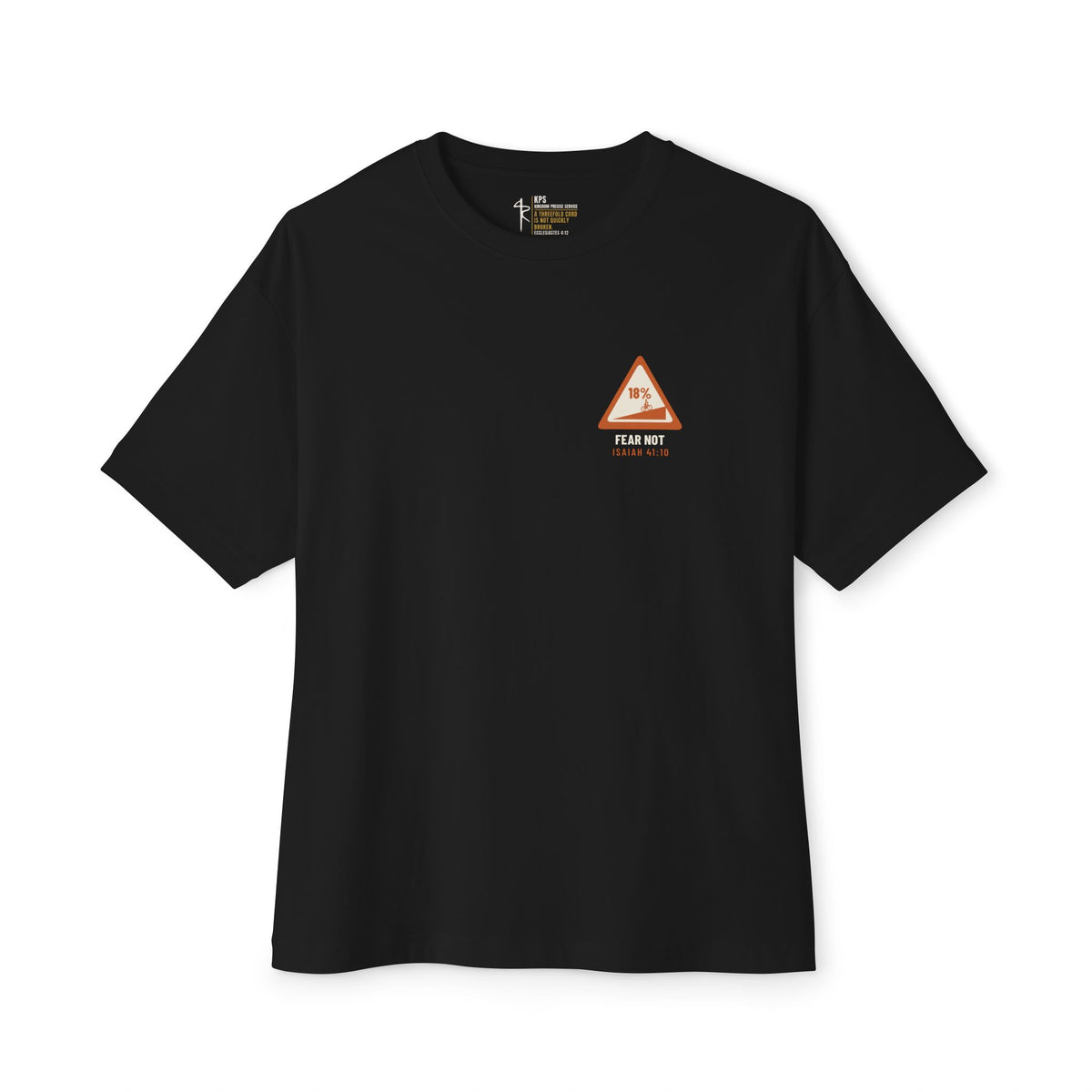 Fear Not the Hill Cycling Tee, Black, front view, FEAR NOT THE HILL. (THE DESCENT IS ANOTHER STORY.), Isaiah 41:10 (KJV)