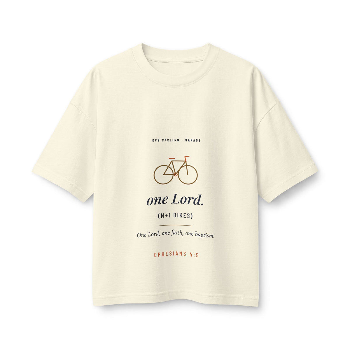 One Lord N+1 Bikes Women's Boxy Tee, Natural, front view, ONE LORD. (N+1 BIKES.) Ephesians 4:5 (KJV)
