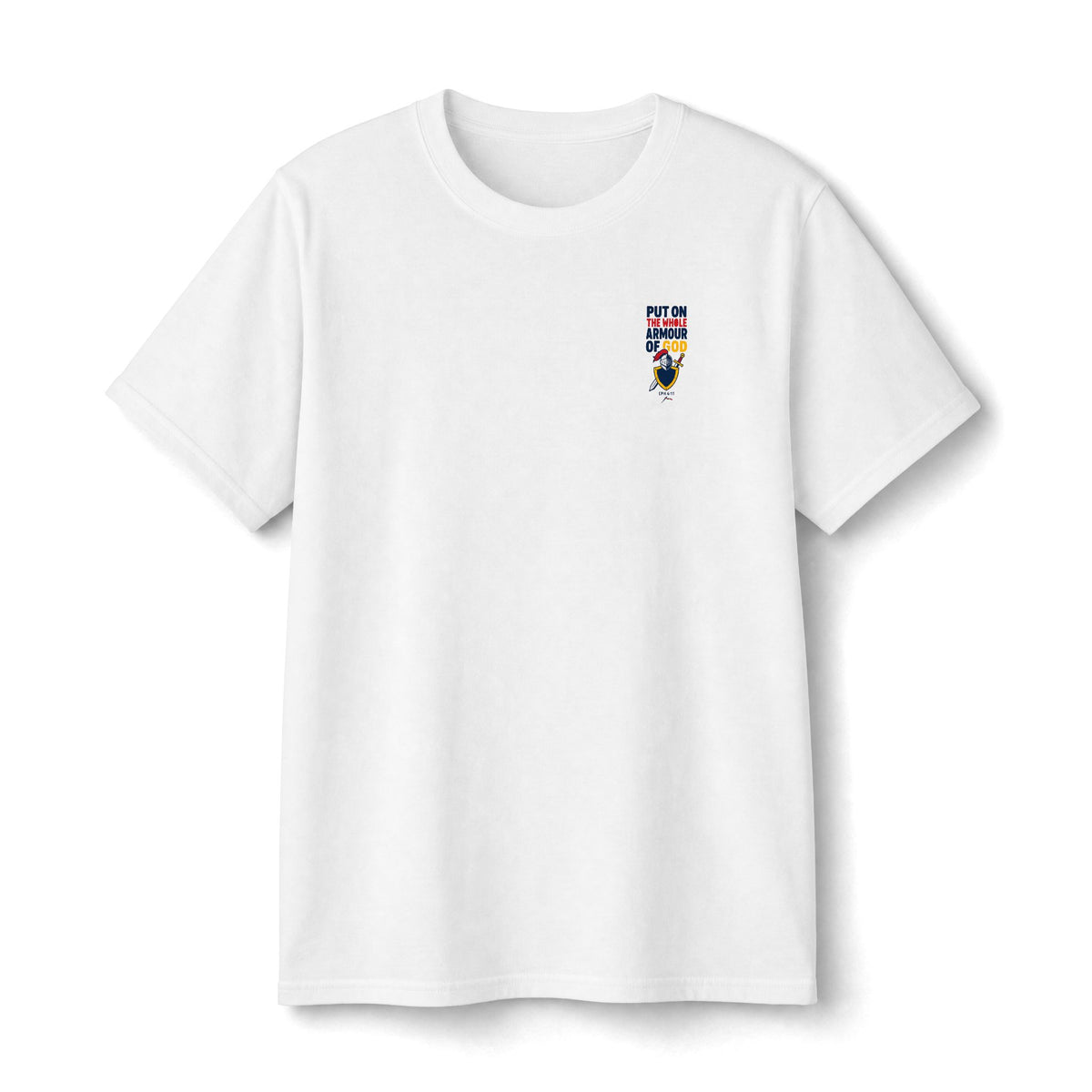 Armor of God Kids Tee in White, small front chest print