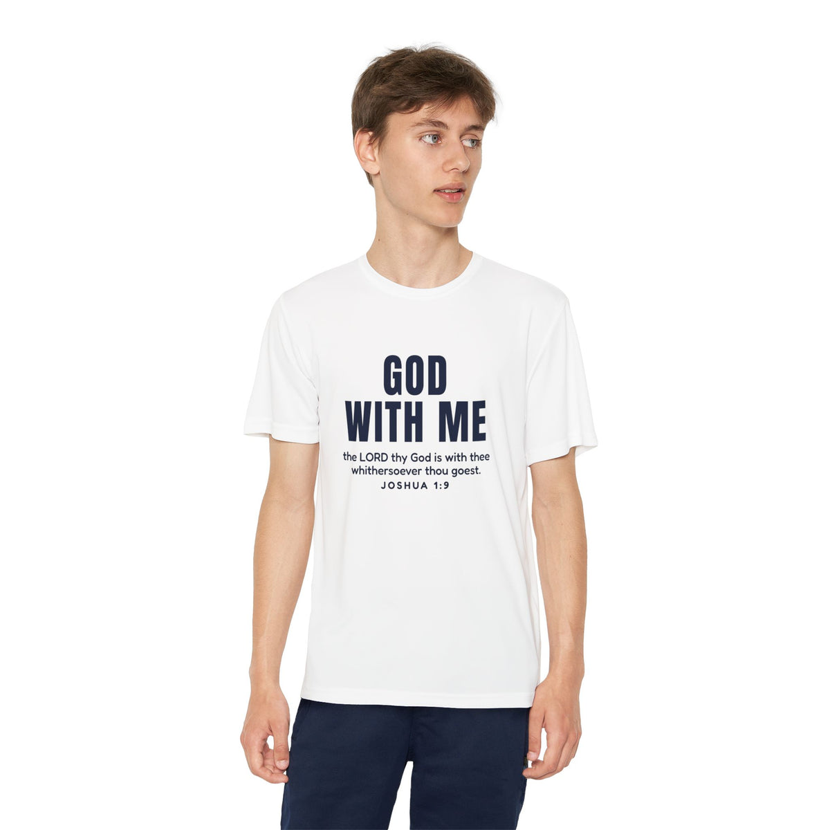 God With Me Youth Tee, youth tee, White, front view, worn by a boy, GOD WITH ME front with 'the LORD thy God is with thee whithersoever thou goest', Joshua 1:9 (KJV)