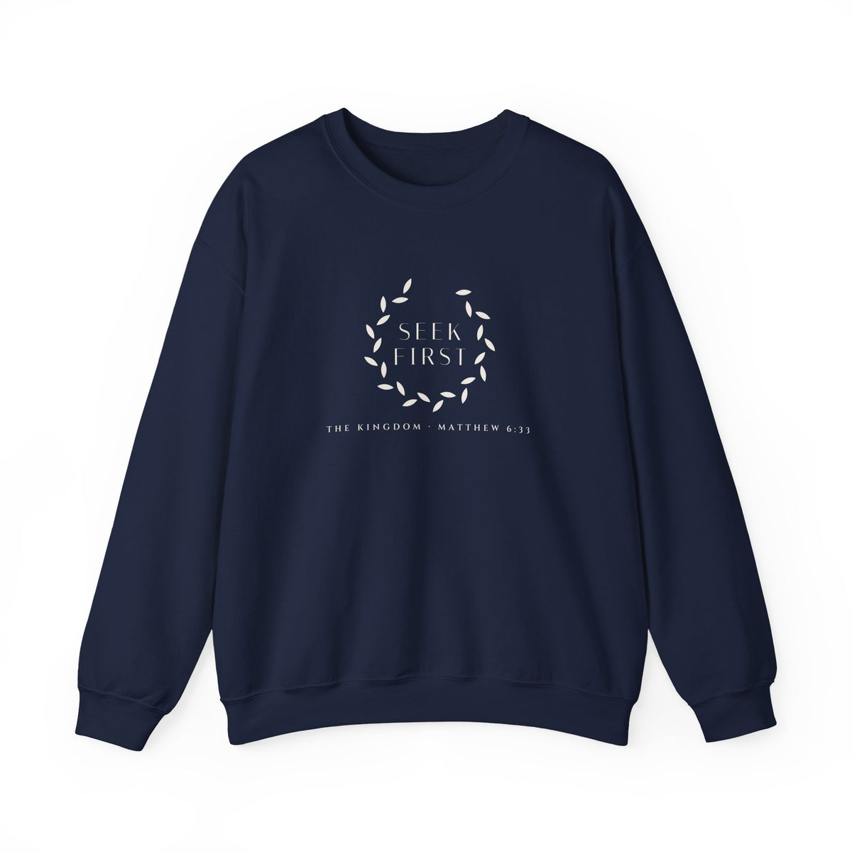 Seek First Wreath Crewneck, sweatshirt, Navy, front view, SEEK FIRST., Matthew 6:33 (KJV)