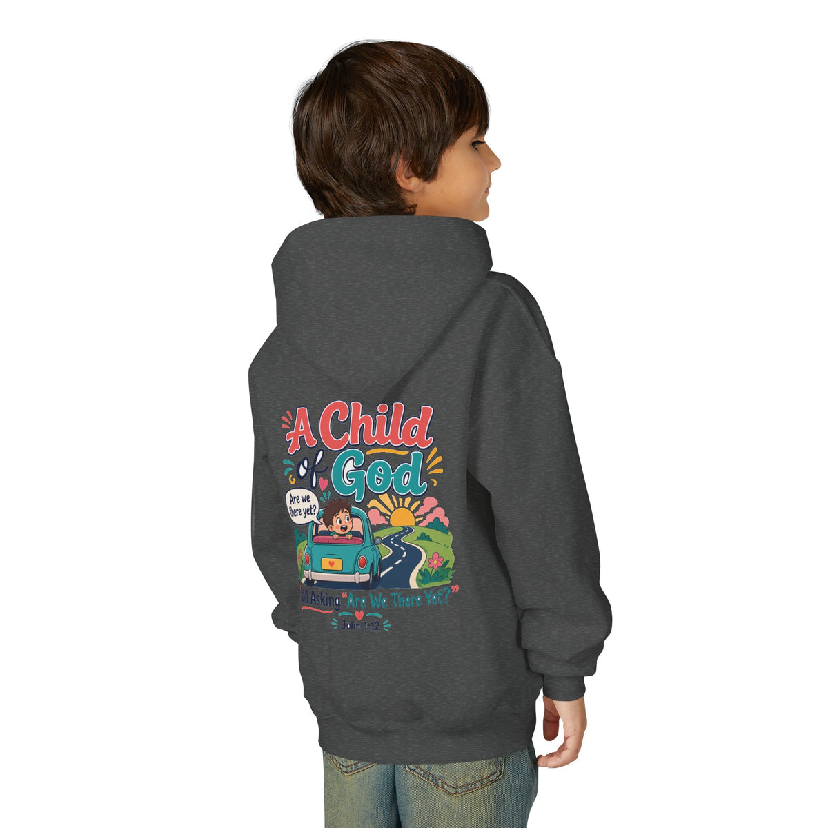 Child of God Youth Hoodie, kids' hoodie, Dark Heather, back view, worn by a child, A CHILD OF GOD… STILL ASKING “ARE WE THERE YET?”, 1 John 3:2 (KJV)