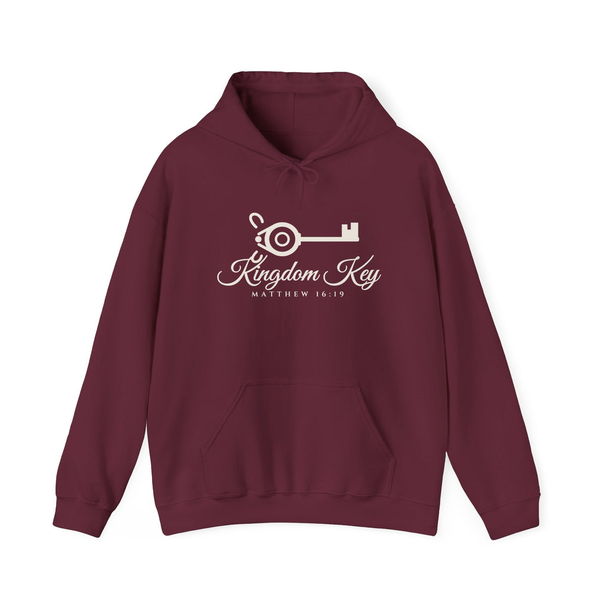Kingdom Key Hoodie in Maroon, front view: key with Kingdom Key script and MATTHEW 16:19, Matthew 16:19 (KJV)