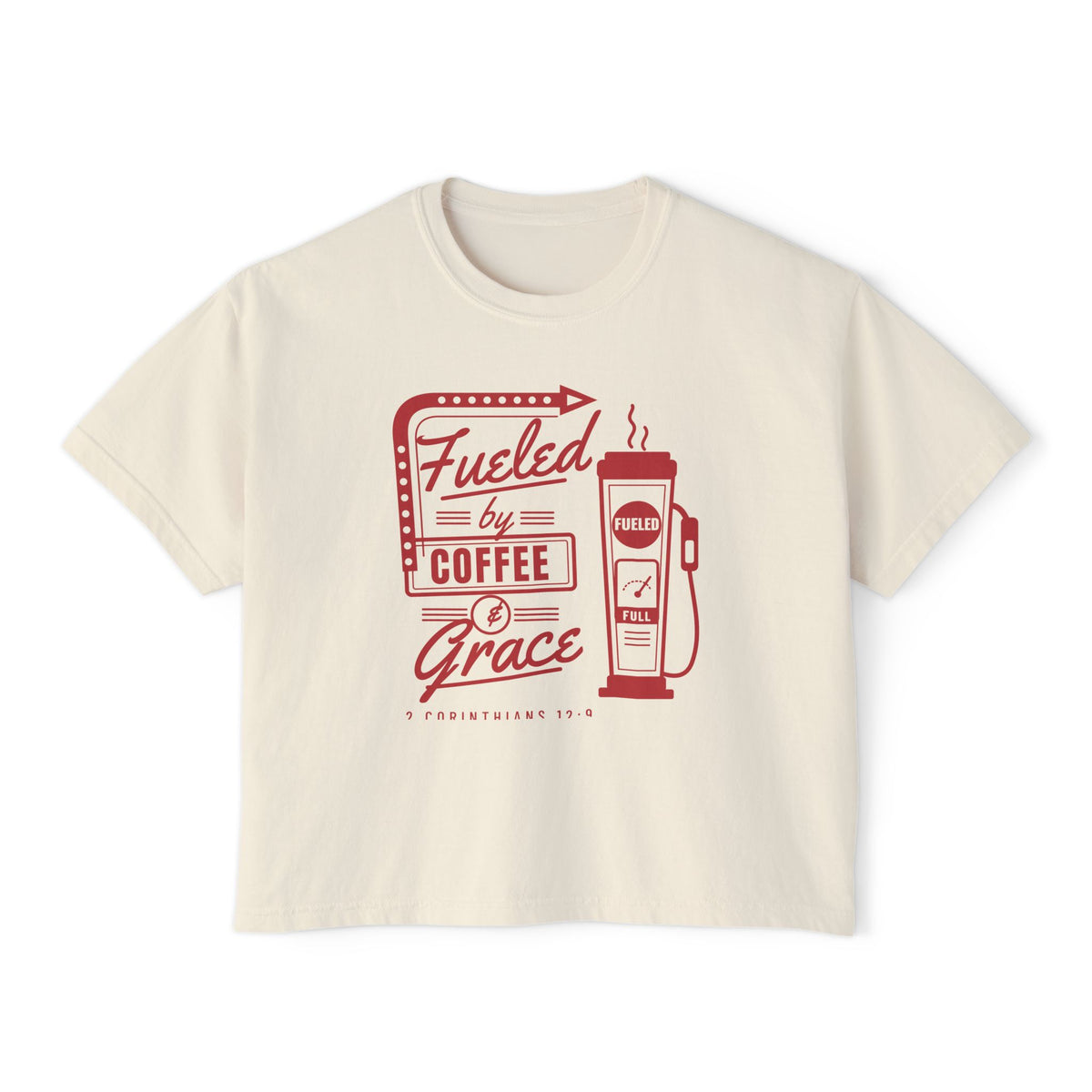 Fueled by Coffee & Grace Crop Tee, crop t-shirt, Ivory, front view, FUELED BY COFFEE & GRACE., 2 Corinthians 12:9 (KJV)
