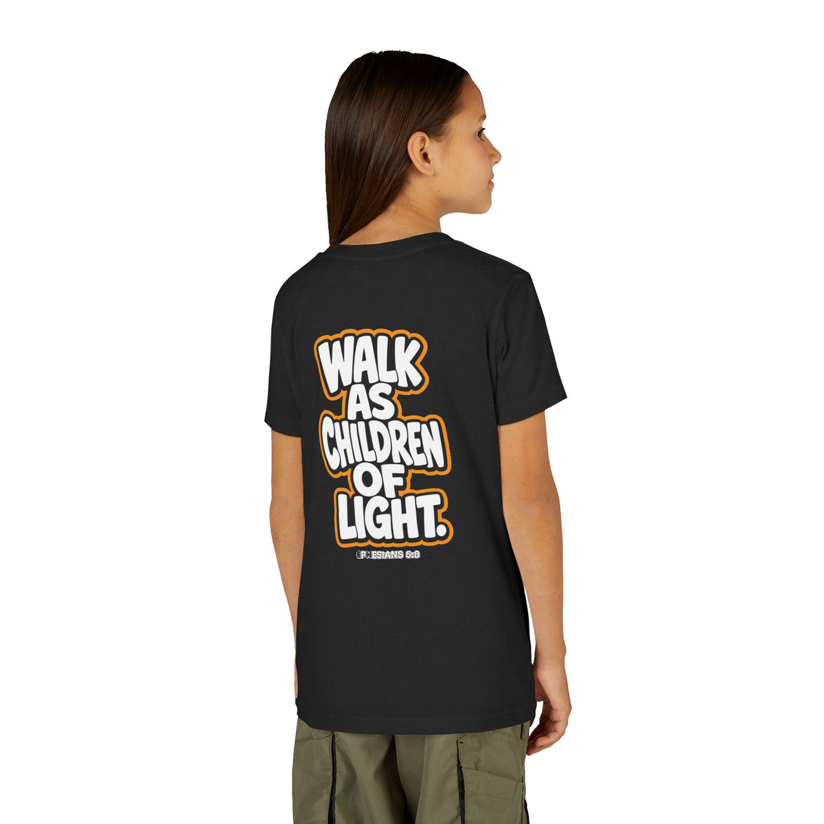 Children of Light Youth Tee, kids' t-shirt, Black Heather, back view, worn by a child, WALK AS CHILDREN OF LIGHT., Ephesians 5:8 (KJV)