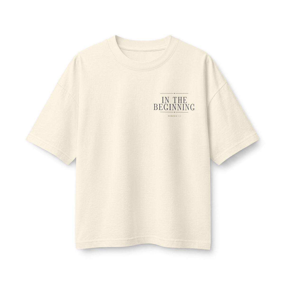 In The Beginning Women's Relaxed Tee in Natural, front view: small IN THE BEGINNING chest print, Genesis 1:1 (KJV)