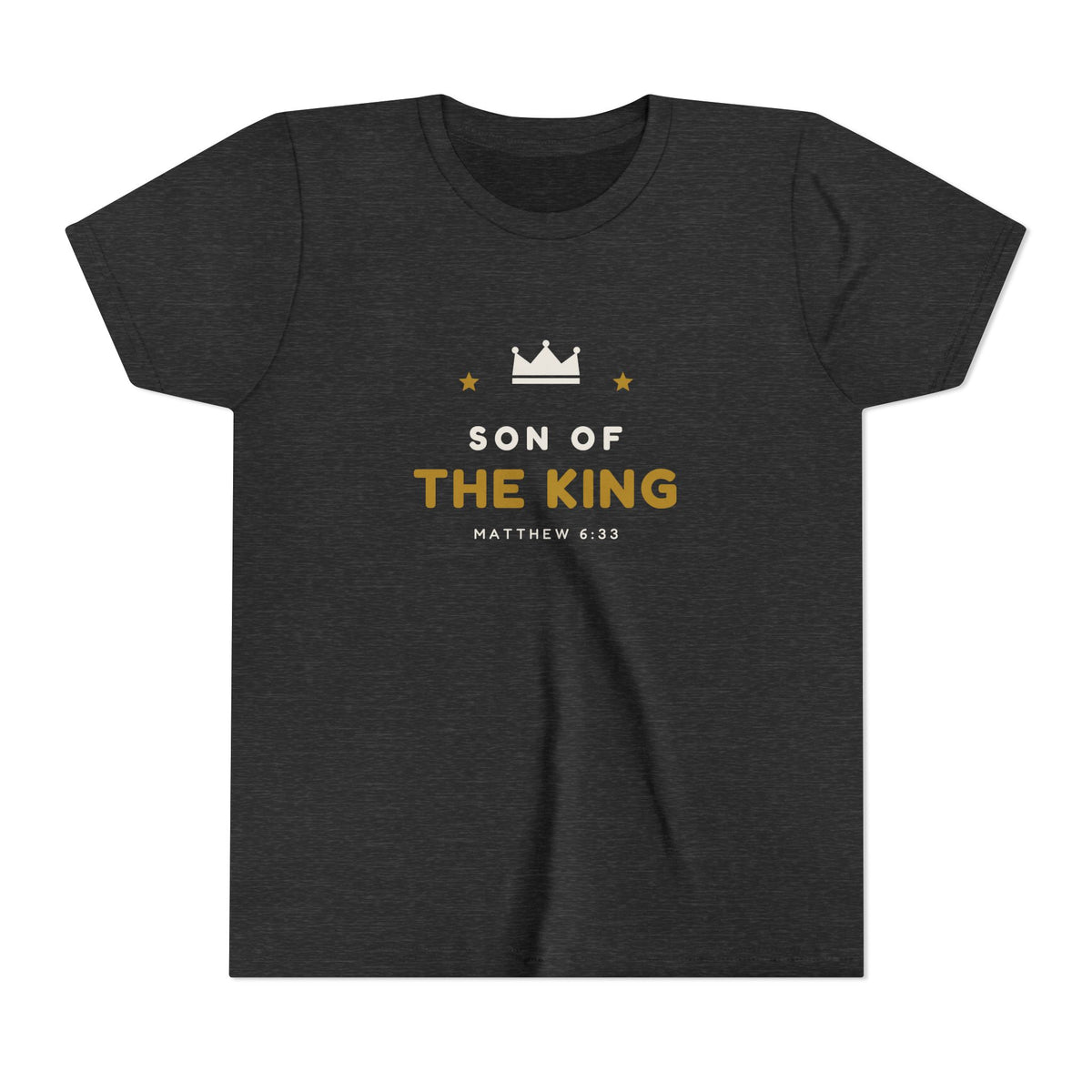 Son of the King Youth Tee, kids' t-shirt, Dark Grey Heather, front view, SON OF THE KING., Matthew 6:33 (KJV)