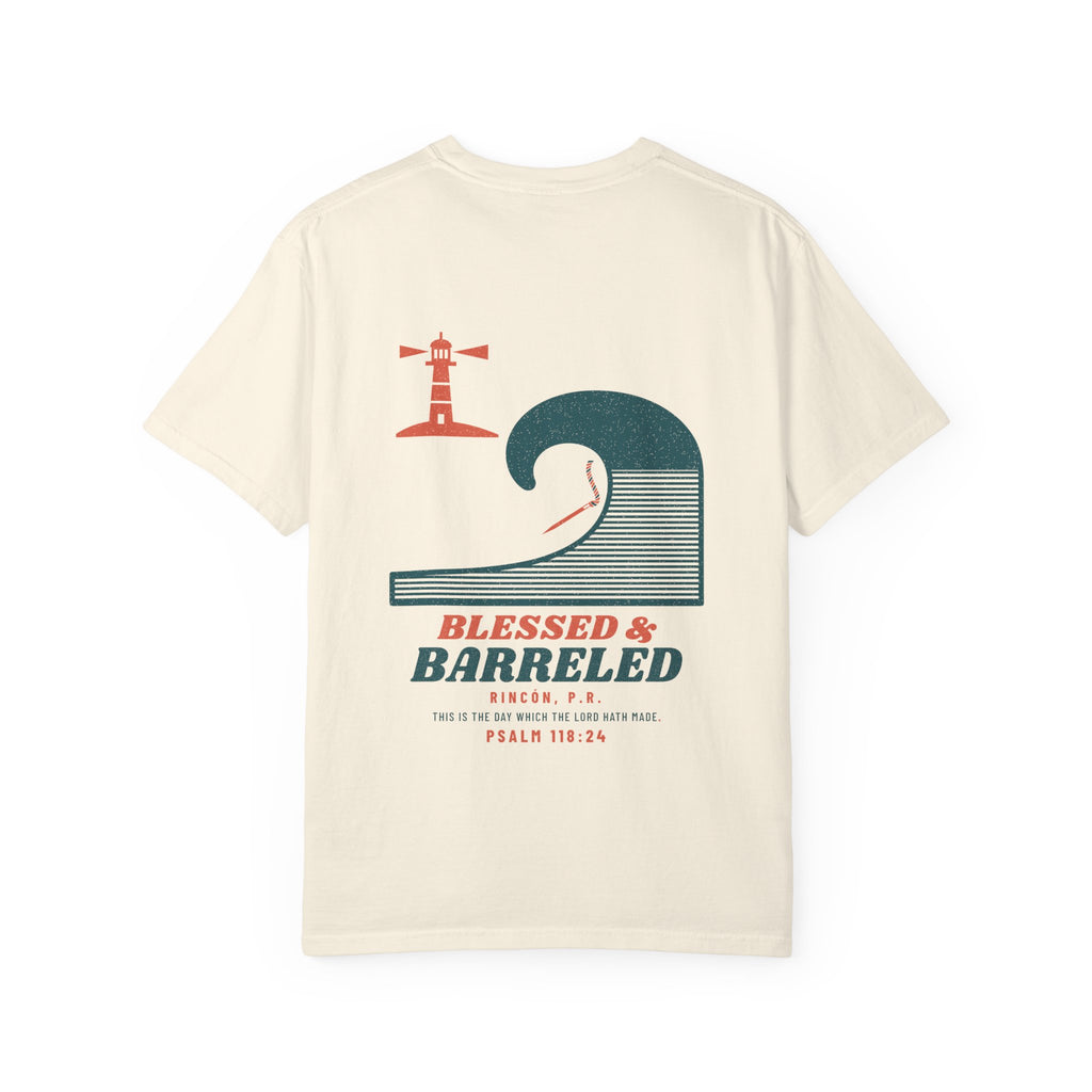 Blessed & Barreled Surf Tee, Ivory, back view, BLESSED & BARRELED. Psalm 118:24 (KJV)