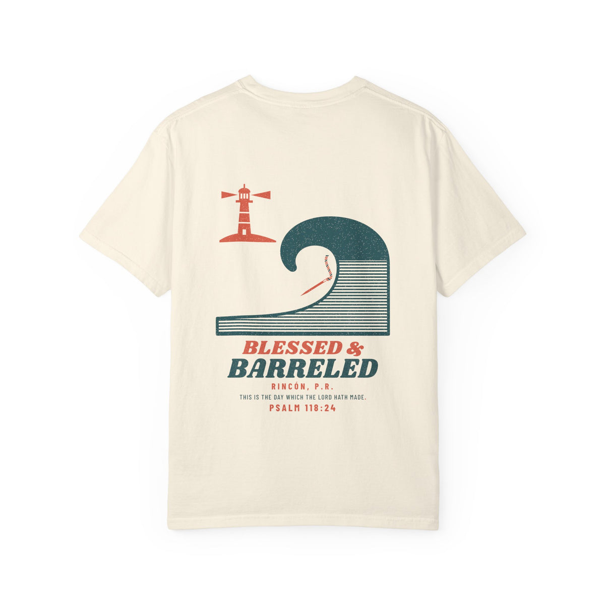 Blessed & Barreled Surf Tee, Ivory, back view, BLESSED & BARRELED. Psalm 118:24 (KJV)