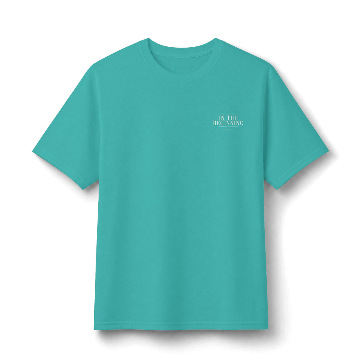 In The Beginning Tee in Scuba Blue, front view: small IN THE BEGINNING chest print, Genesis 1:1 (KJV)