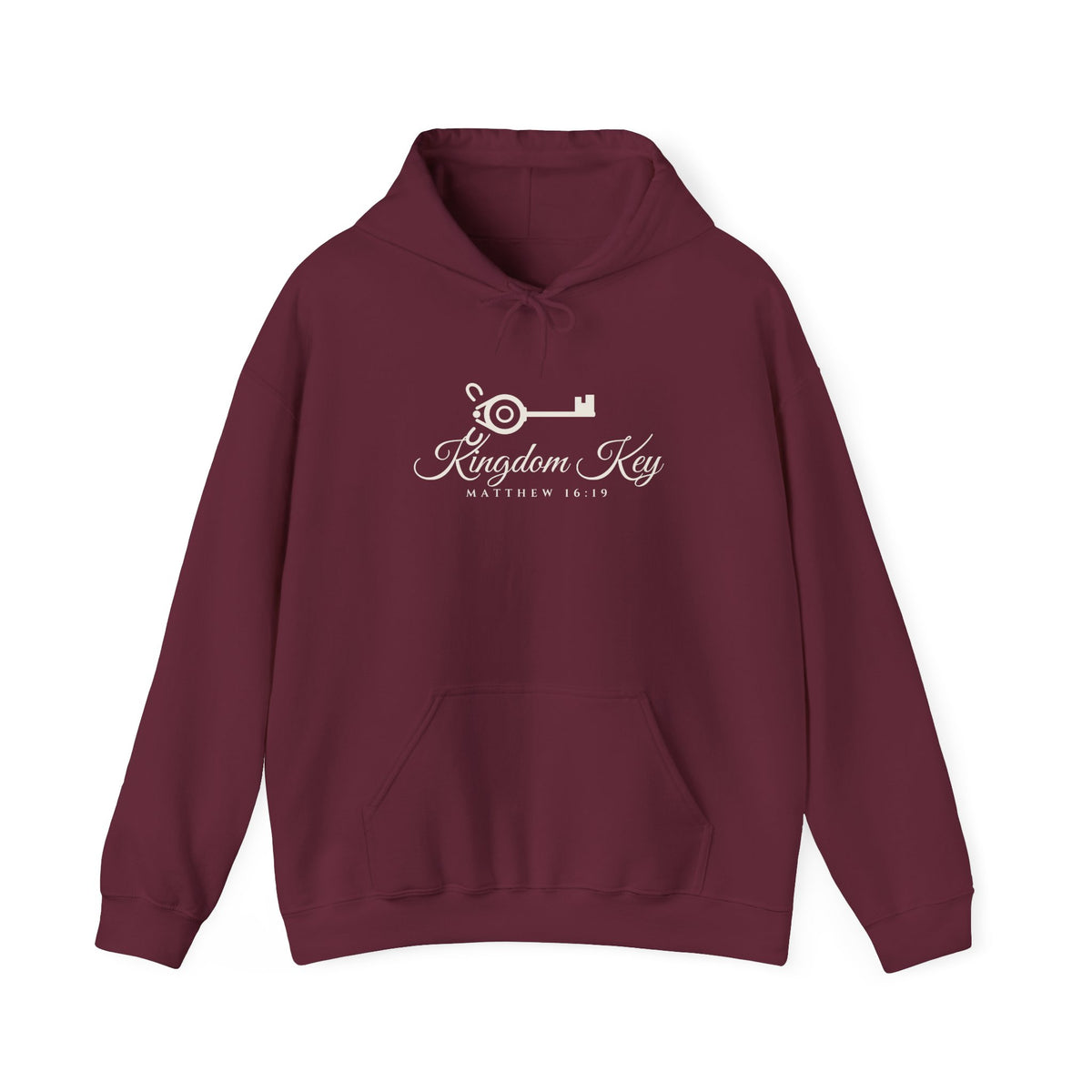 Kingdom Key Hoodie in Maroon, front view: vintage key with Kingdom Key script and MATTHEW 16:19, Matthew 16:19 (KJV)