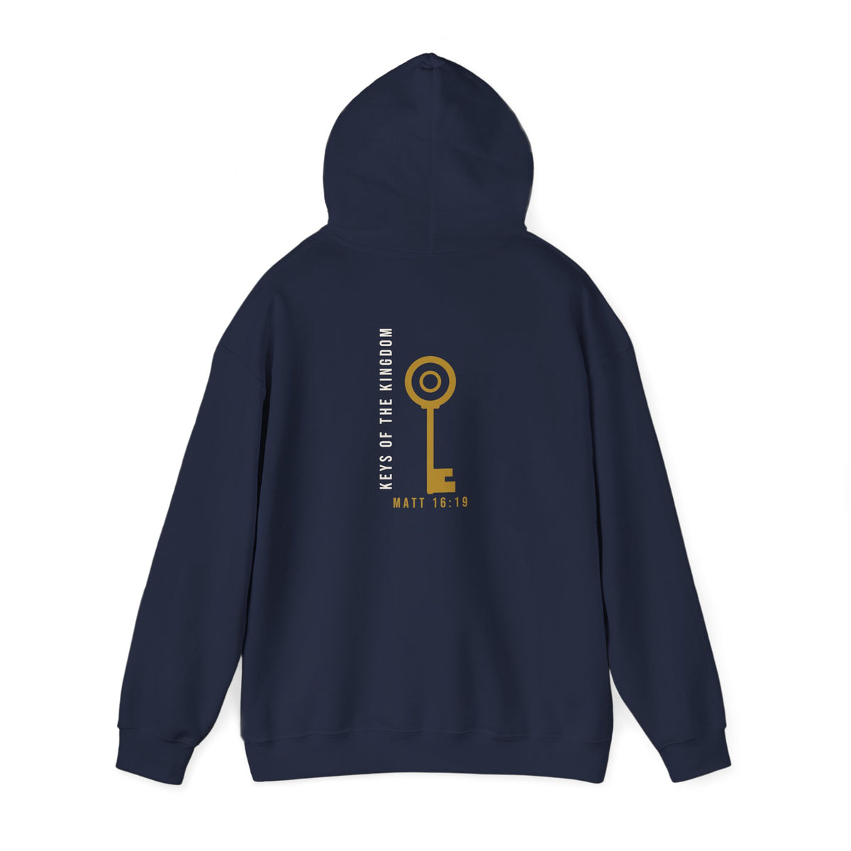 Keys of the Kingdom Hoodie, hoodie, Navy, back view, hood up, KEYS OF THE KINGDOM., Matthew 16:19 (KJV)