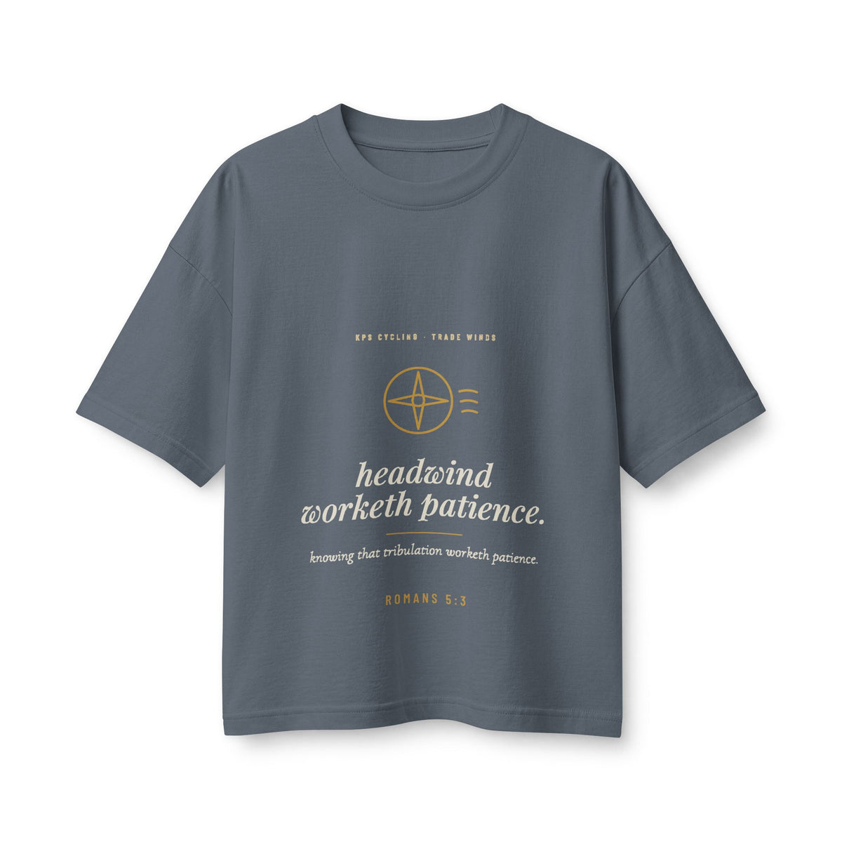 Headwind Worketh Patience Women's Boxy Tee, Vintage Navy, front view, HEADWIND WORKETH PATIENCE. Romans 5:3 (KJV)