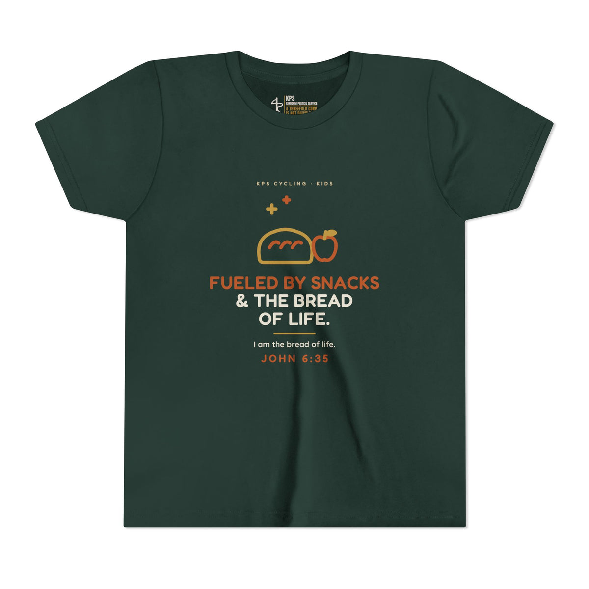 Fueled by Snacks & the Bread of Life Youth Tee, Forest, front view, FUELED BY SNACKS & THE BREAD OF LIFE., John 6:35 (KJV)