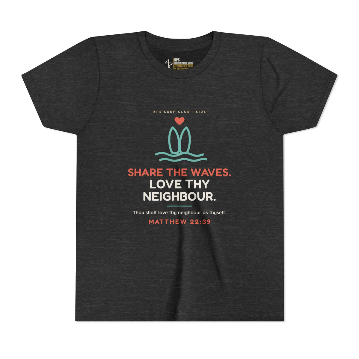 Share the Waves Youth Tee, Dark Grey Heather, front view, SHARE THE WAVES. LOVE THY NEIGHBOUR., Matthew 22:39 (KJV)
